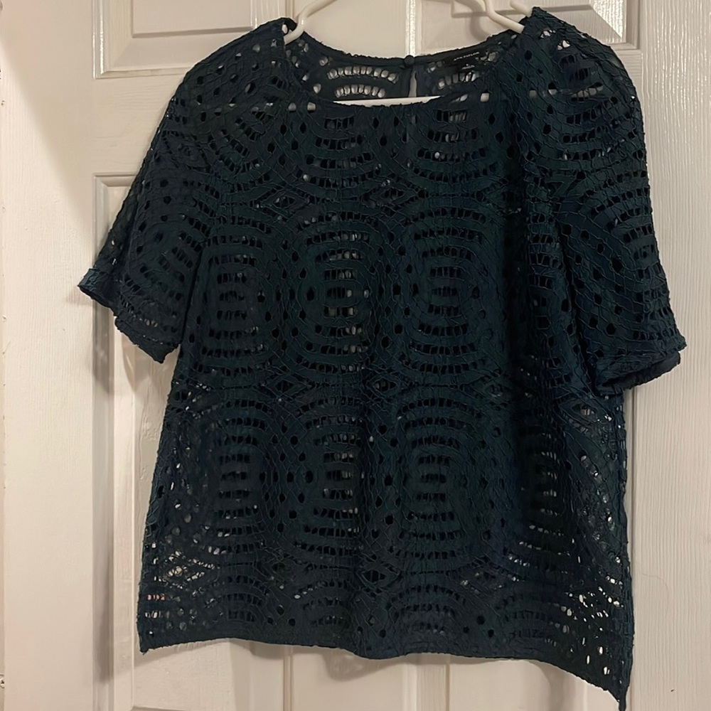 Ann Taylor Dark Green Lace Short Sleeve Blouse Top